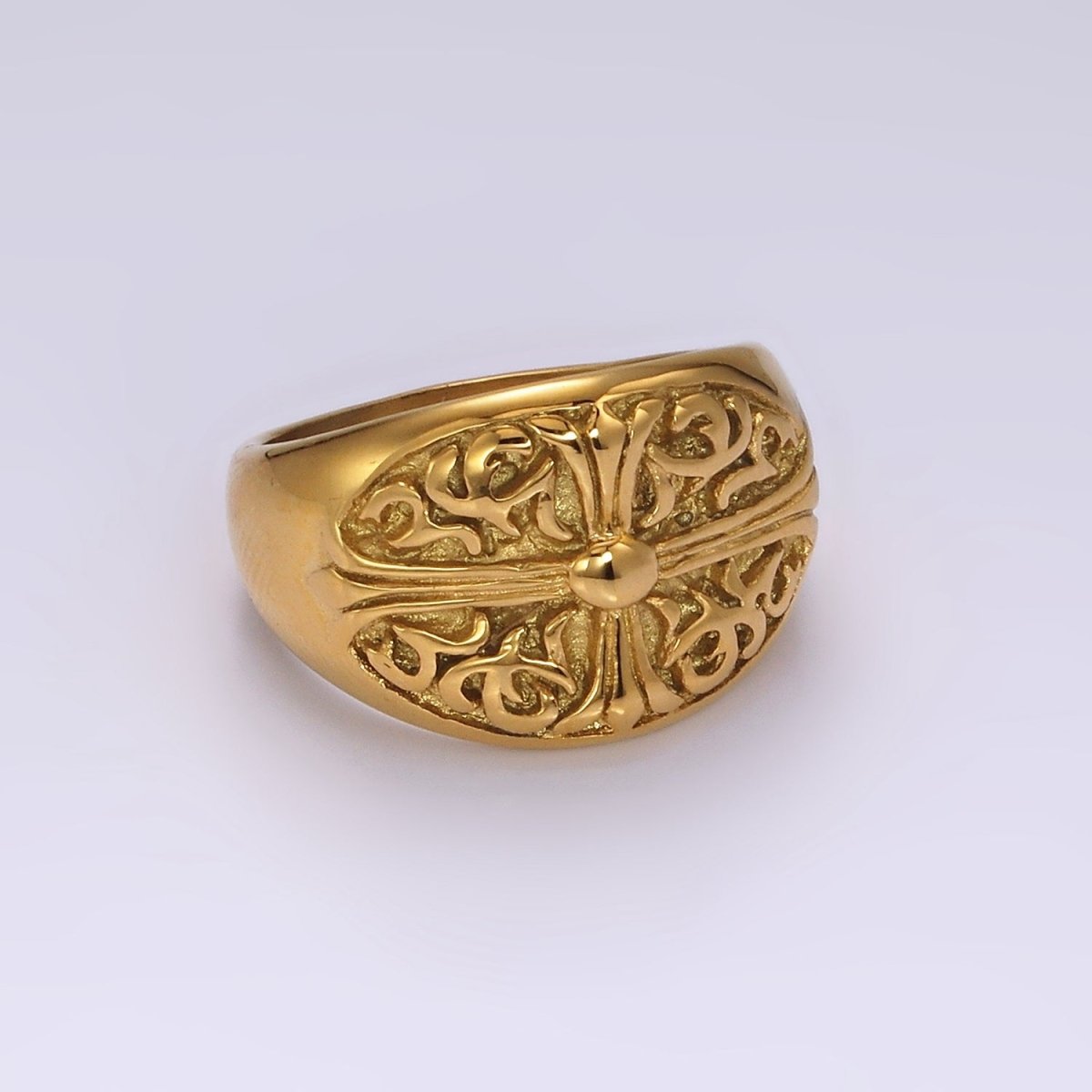 Stainless Steel Fleury Cross Artisan Oval Signet Ring in Gold & Silver | O1239 - O1244