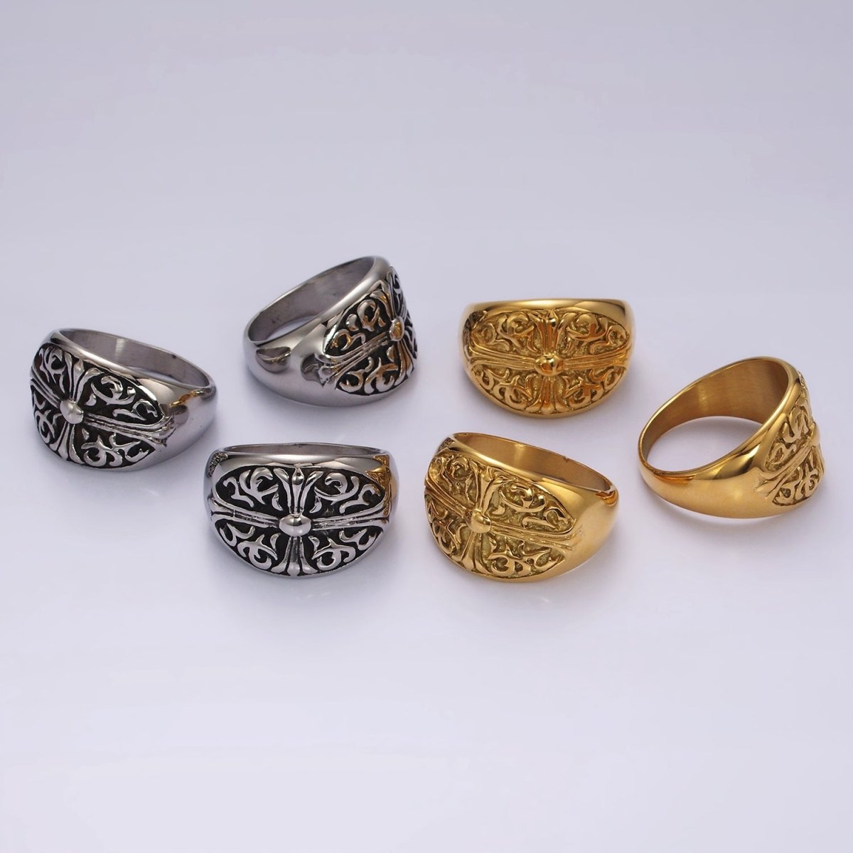 Stainless Steel Fleury Cross Artisan Oval Signet Ring in Gold & Silver | O1239 - O1244
