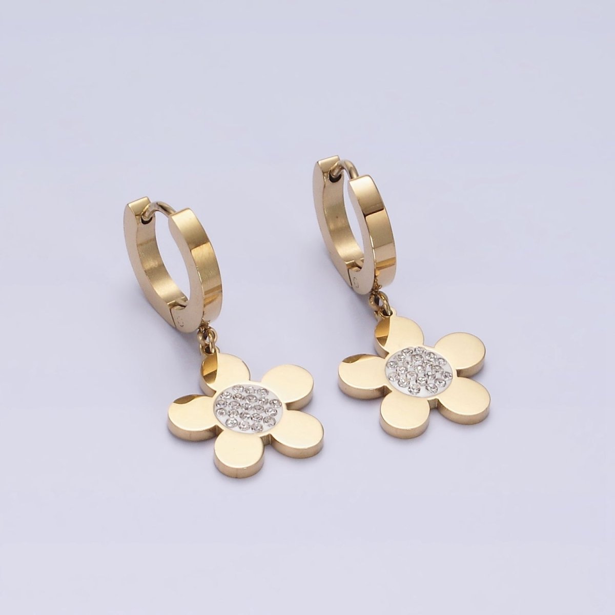 Stainless Steel Flower Clear CZ Micro Paved Drop Huggie Earrings | AE713