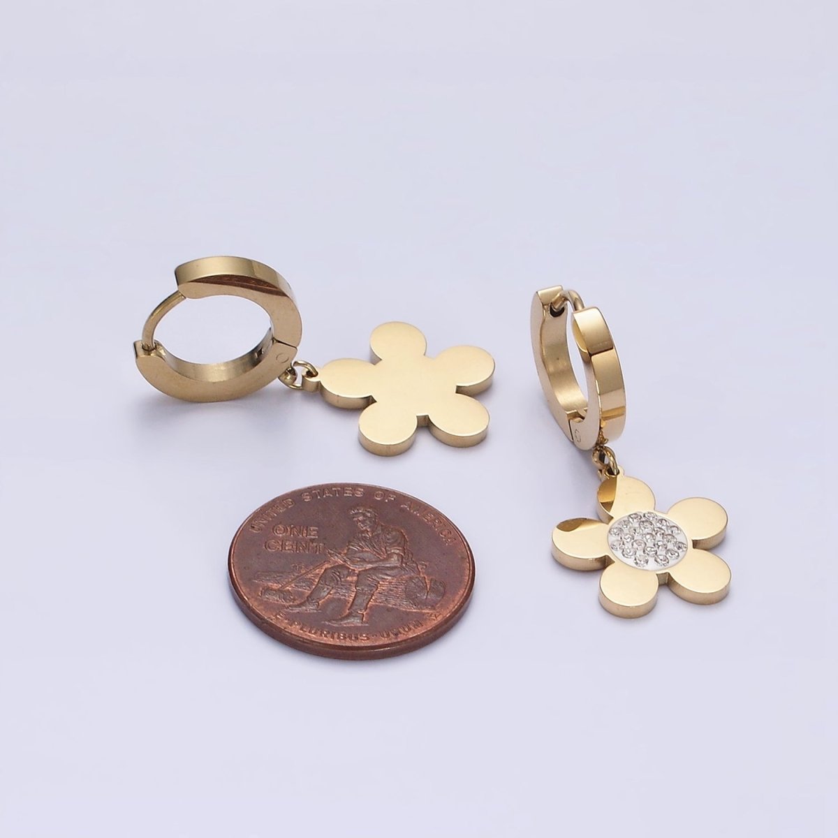 Stainless Steel Flower Clear CZ Micro Paved Drop Huggie Earrings | AE713