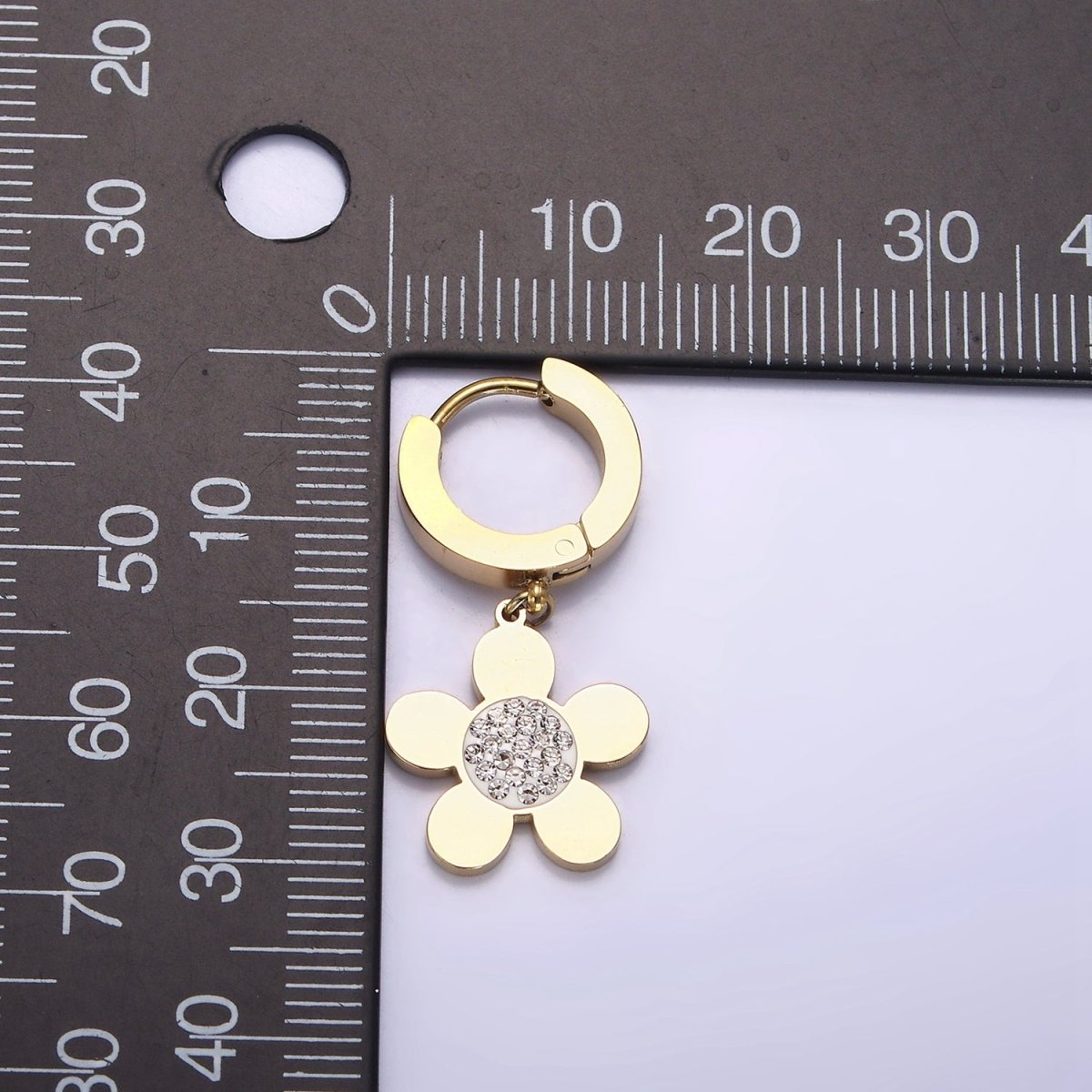 Stainless Steel Flower Clear CZ Micro Paved Drop Huggie Earrings | AE713