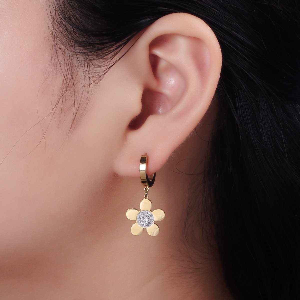 Stainless Steel Flower Clear CZ Micro Paved Drop Huggie Earrings | AE713
