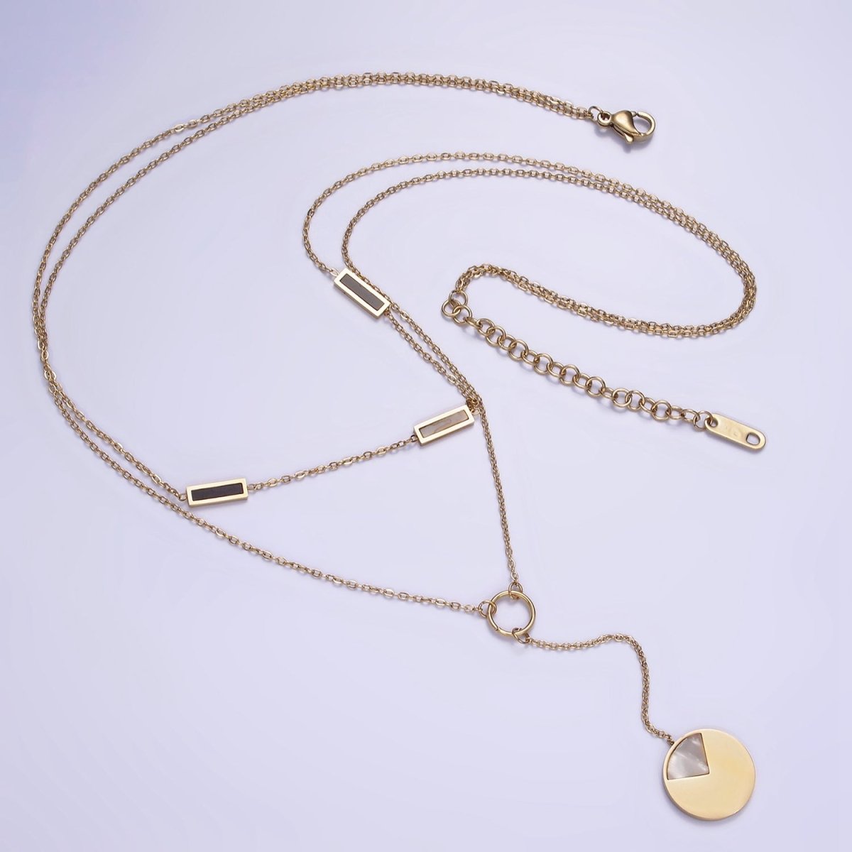 Stainless Steel Geometric Shell Pearl, Black Bar Lariat Round Pearl Cable Double Layer Stack Necklace | WA-2083 Clearance Pricing
