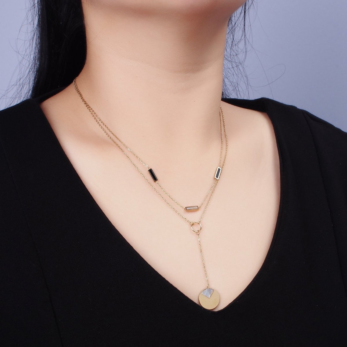 Stainless Steel Geometric Shell Pearl, Black Bar Lariat Round Pearl Cable Double Layer Stack Necklace | WA-2083 Clearance Pricing