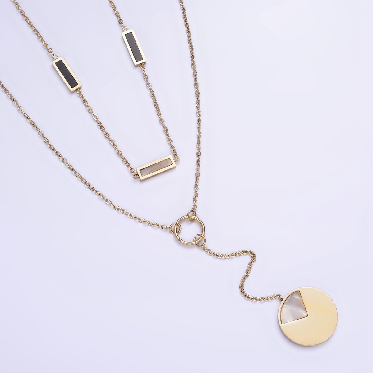 Stainless Steel Geometric Shell Pearl, Black Bar Lariat Round Pearl Cable Double Layer Stack Necklace | WA-2083 Clearance Pricing