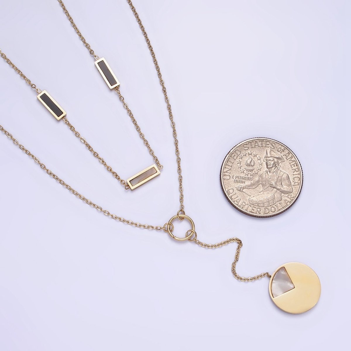 Stainless Steel Geometric Shell Pearl, Black Bar Lariat Round Pearl Cable Double Layer Stack Necklace | WA-2083 Clearance Pricing