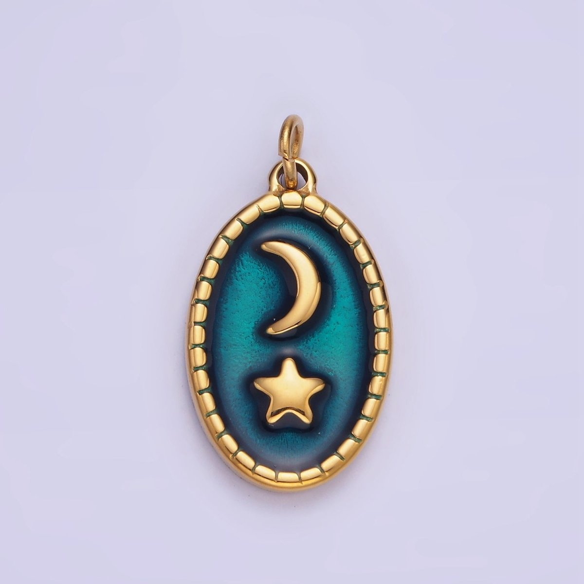 Stainless Steel Gold Celestial Pendant, Star Moon Medallion, Crescent Moon Pendant Oval Charm P-1382