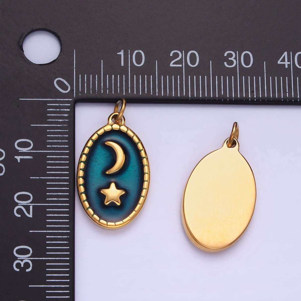 Stainless Steel Gold Celestial Pendant, Star Moon Medallion, Crescent Moon Pendant Oval Charm P-1382