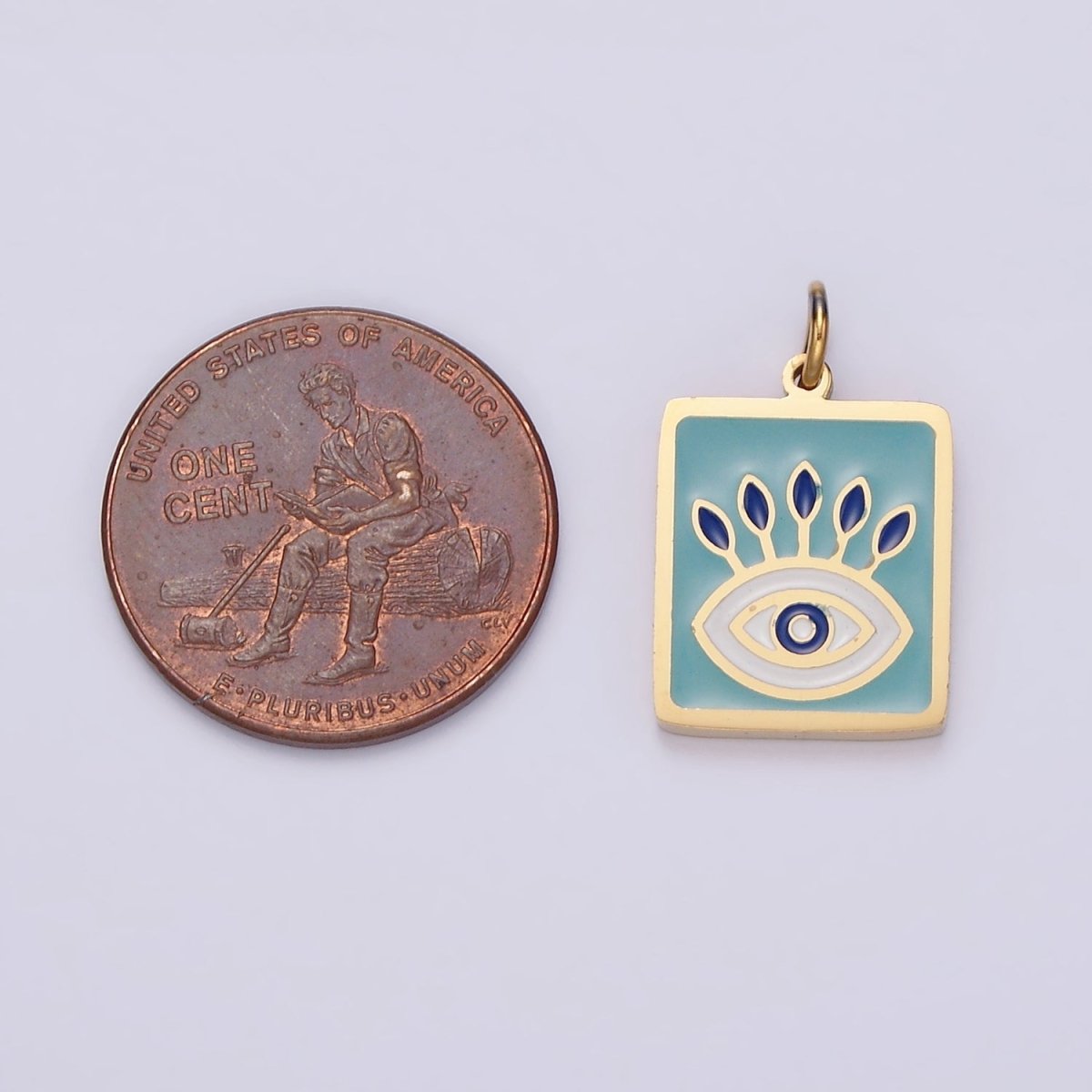Stainless Steel Gold Eye Pendant Charm for Necklace Bracelet Teal Blue Enamel Jewelry | P-633