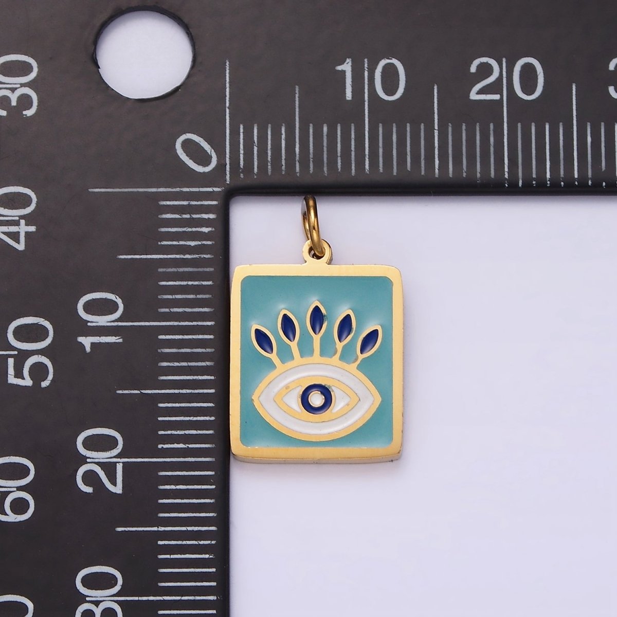 Stainless Steel Gold Eye Pendant Charm for Necklace Bracelet Teal Blue Enamel Jewelry | P-633