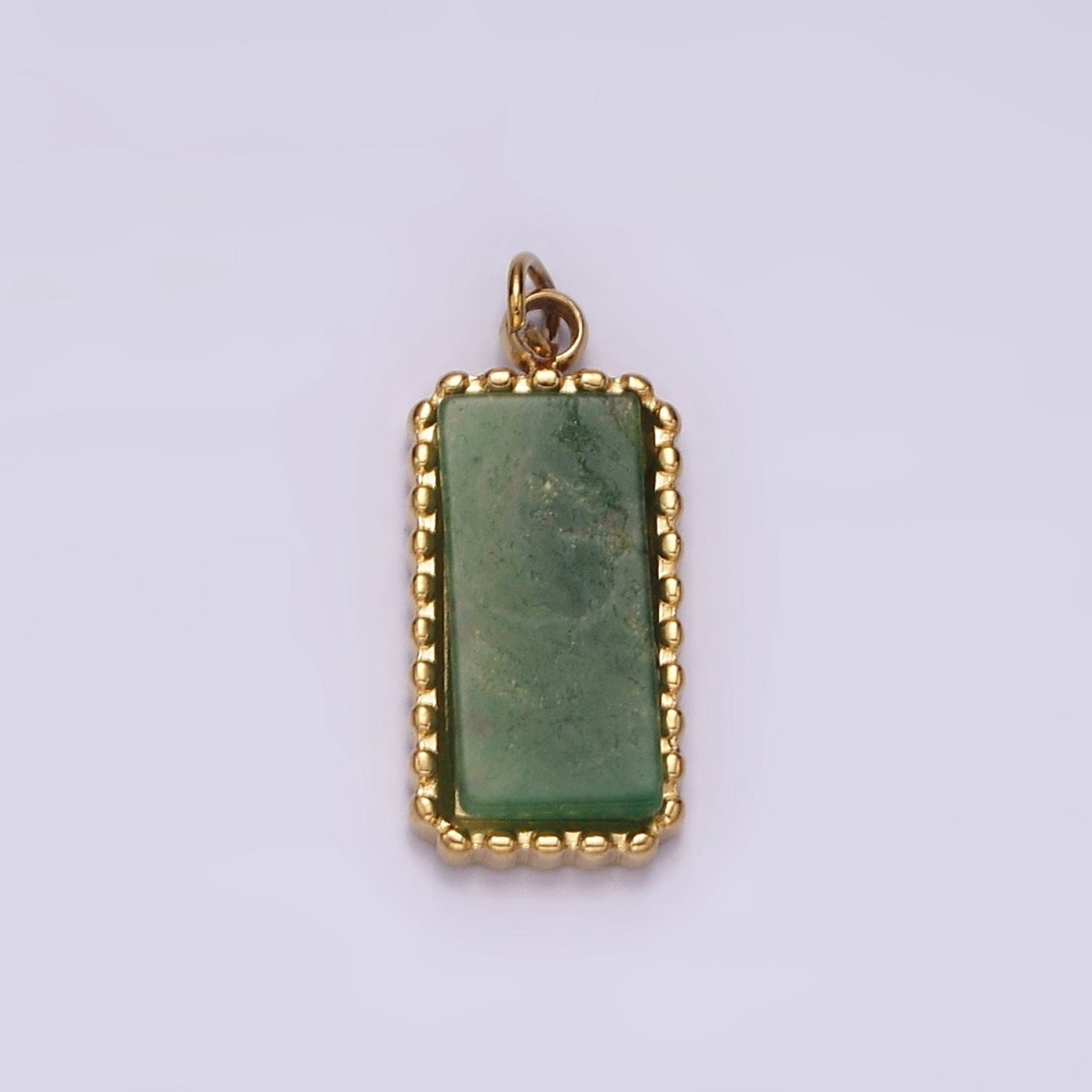 Stainless Steel Green Aventurine Dotted Bezel Rectangular Tag Charm in Gold & Silver | P1299