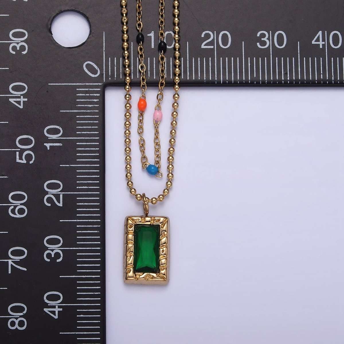 Stainless Steel Green Baguette Hammered Bead Enamel Satellite Double Layer Stack Necklace | WA-2066 Clearance Pricing