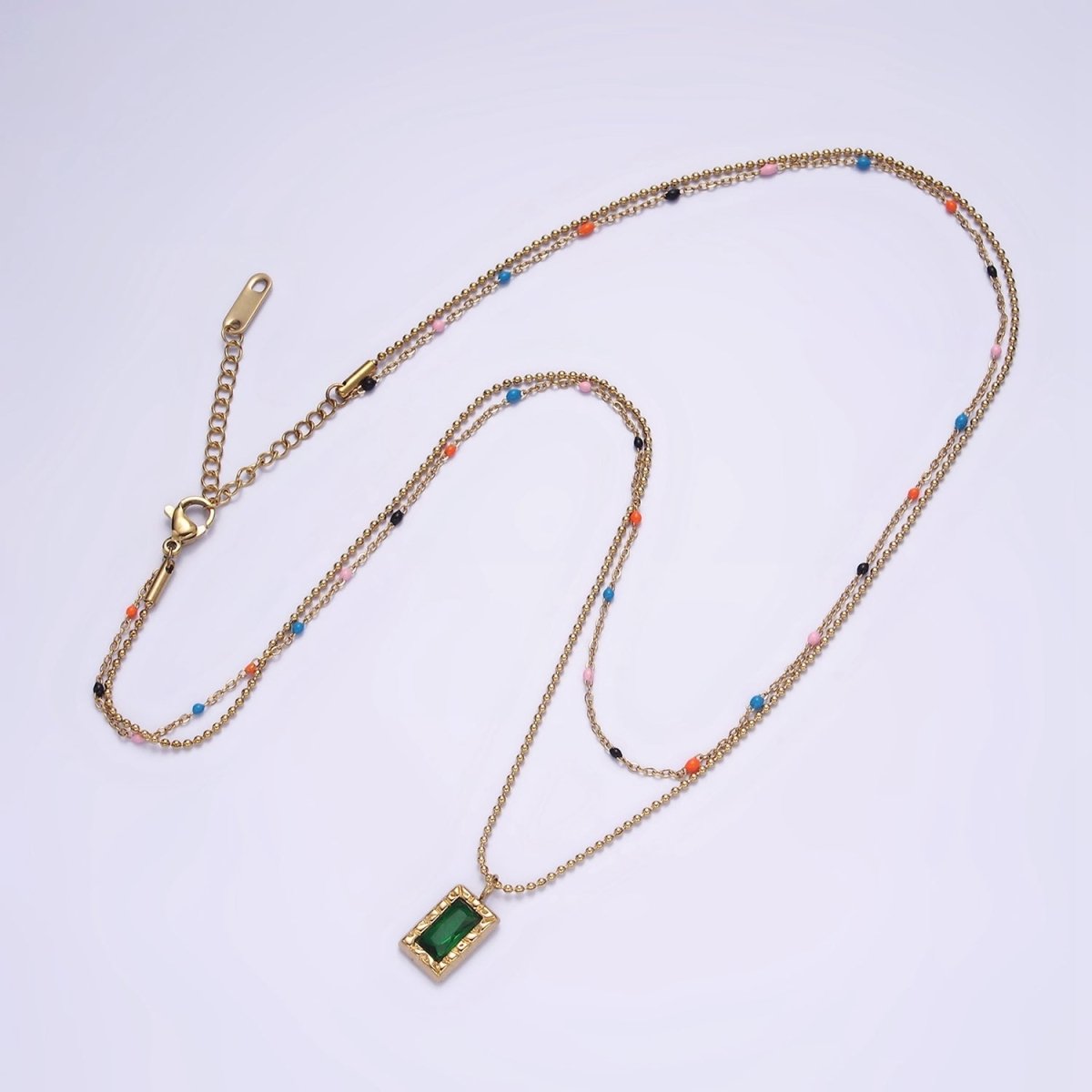 Stainless Steel Green Baguette Hammered Bead Enamel Satellite Double Layer Stack Necklace | WA-2066 Clearance Pricing