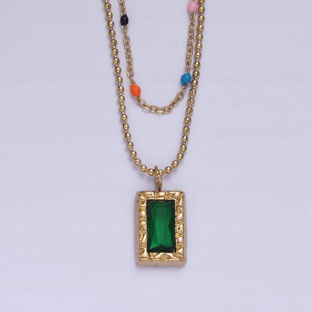 Stainless Steel Green Baguette Hammered Bead Enamel Satellite Double Layer Stack Necklace | WA-2066 Clearance Pricing