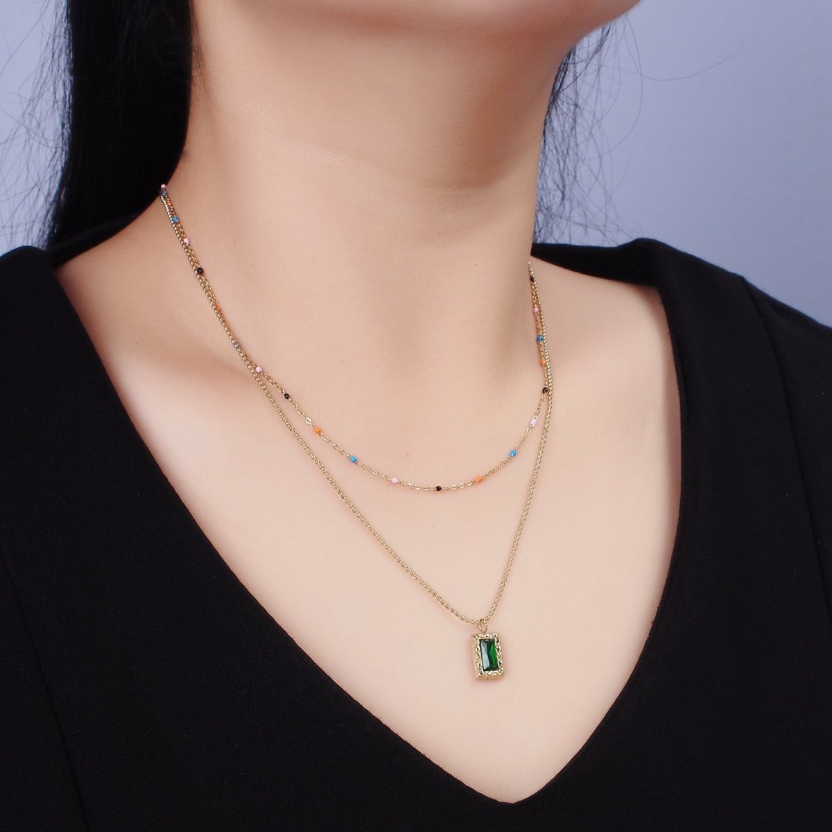 Stainless Steel Green Baguette Hammered Bead Enamel Satellite Double Layer Stack Necklace | WA-2066 Clearance Pricing