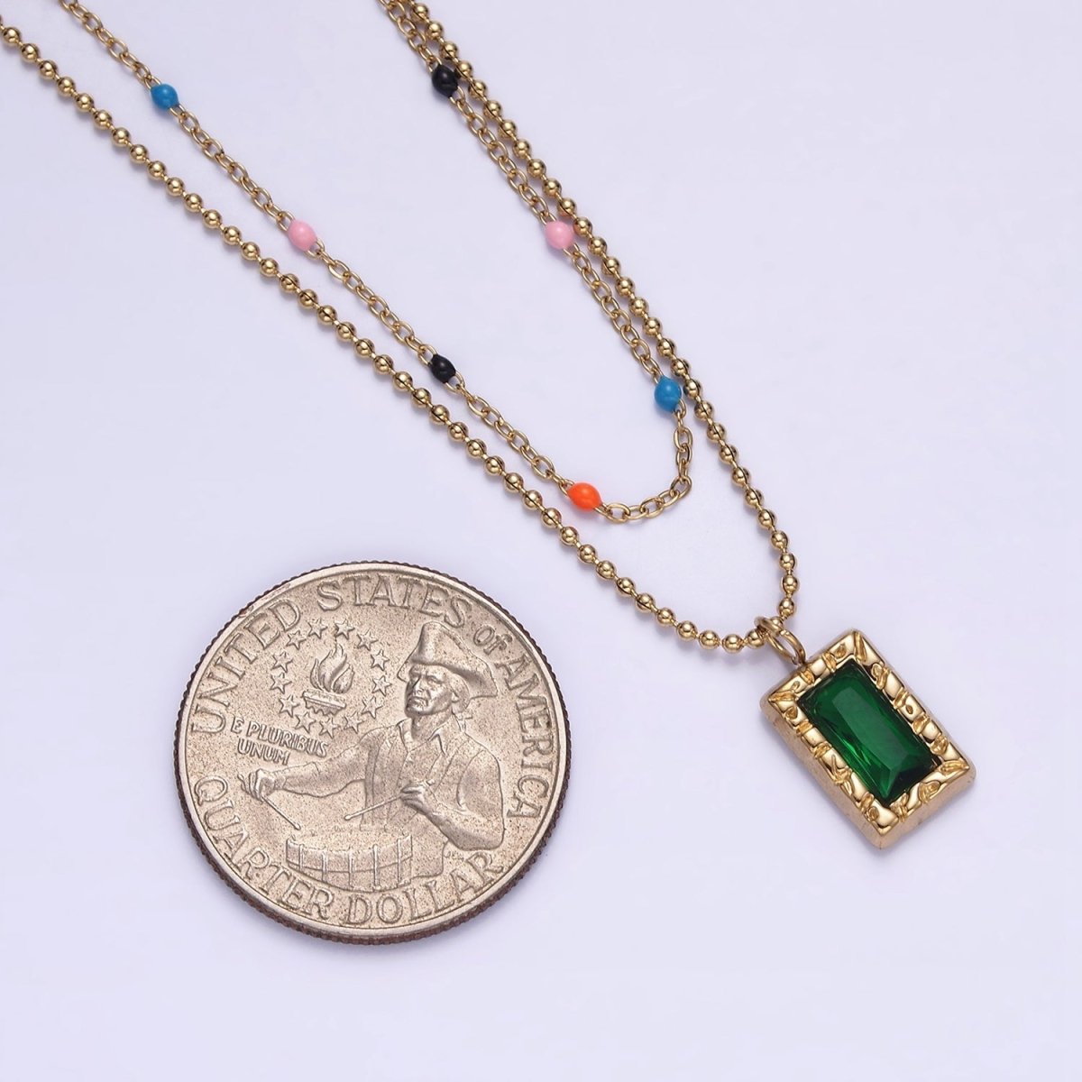 Stainless Steel Green Baguette Hammered Bead Enamel Satellite Double Layer Stack Necklace | WA-2066 Clearance Pricing