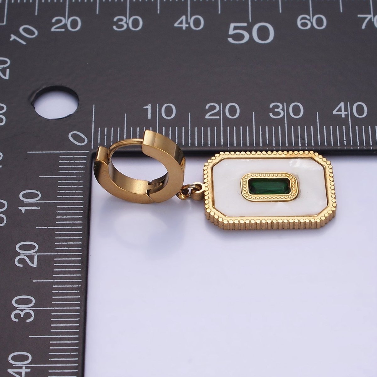 Stainless Steel Green Baguette Shell Pearl Rectangular Tag Drop Huggie Earrings | AE452