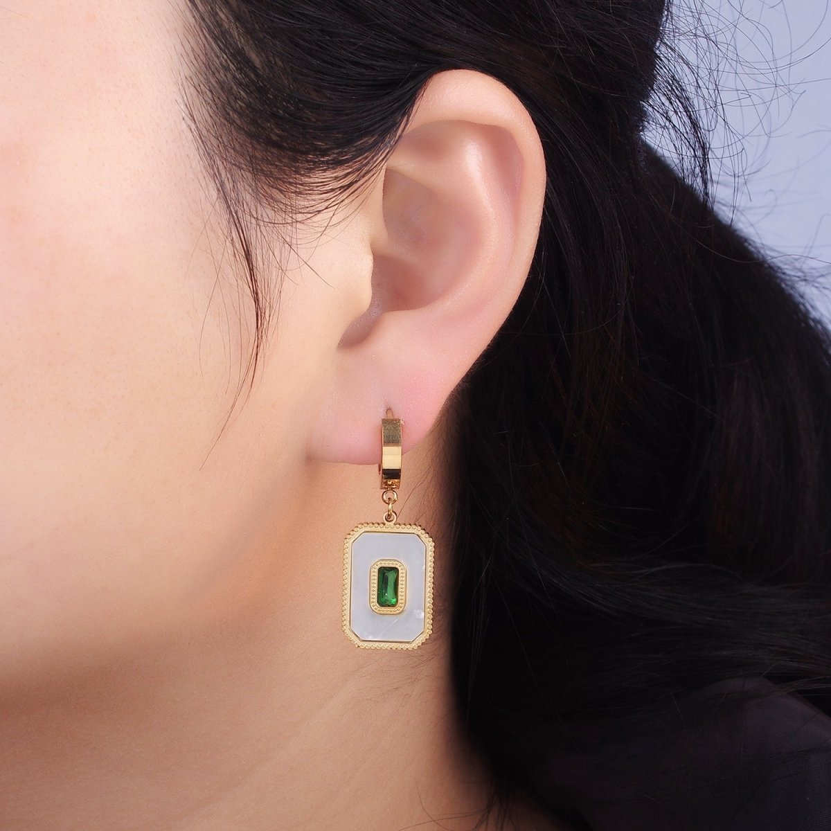 Stainless Steel Green Baguette Shell Pearl Rectangular Tag Drop Huggie Earrings | AE452