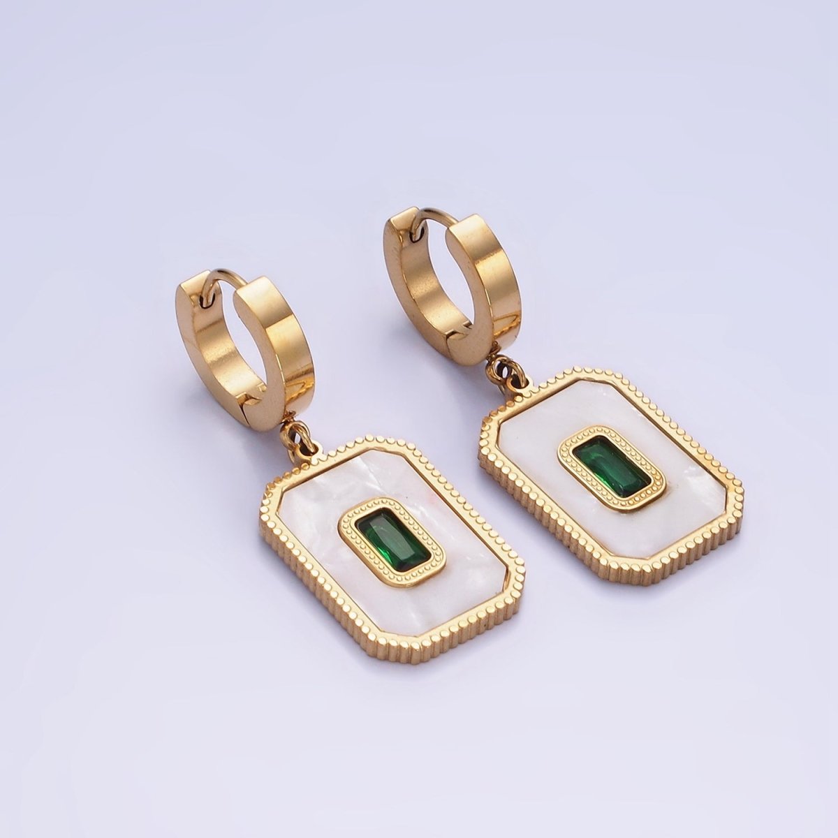 Stainless Steel Green Baguette Shell Pearl Rectangular Tag Drop Huggie Earrings | AE452