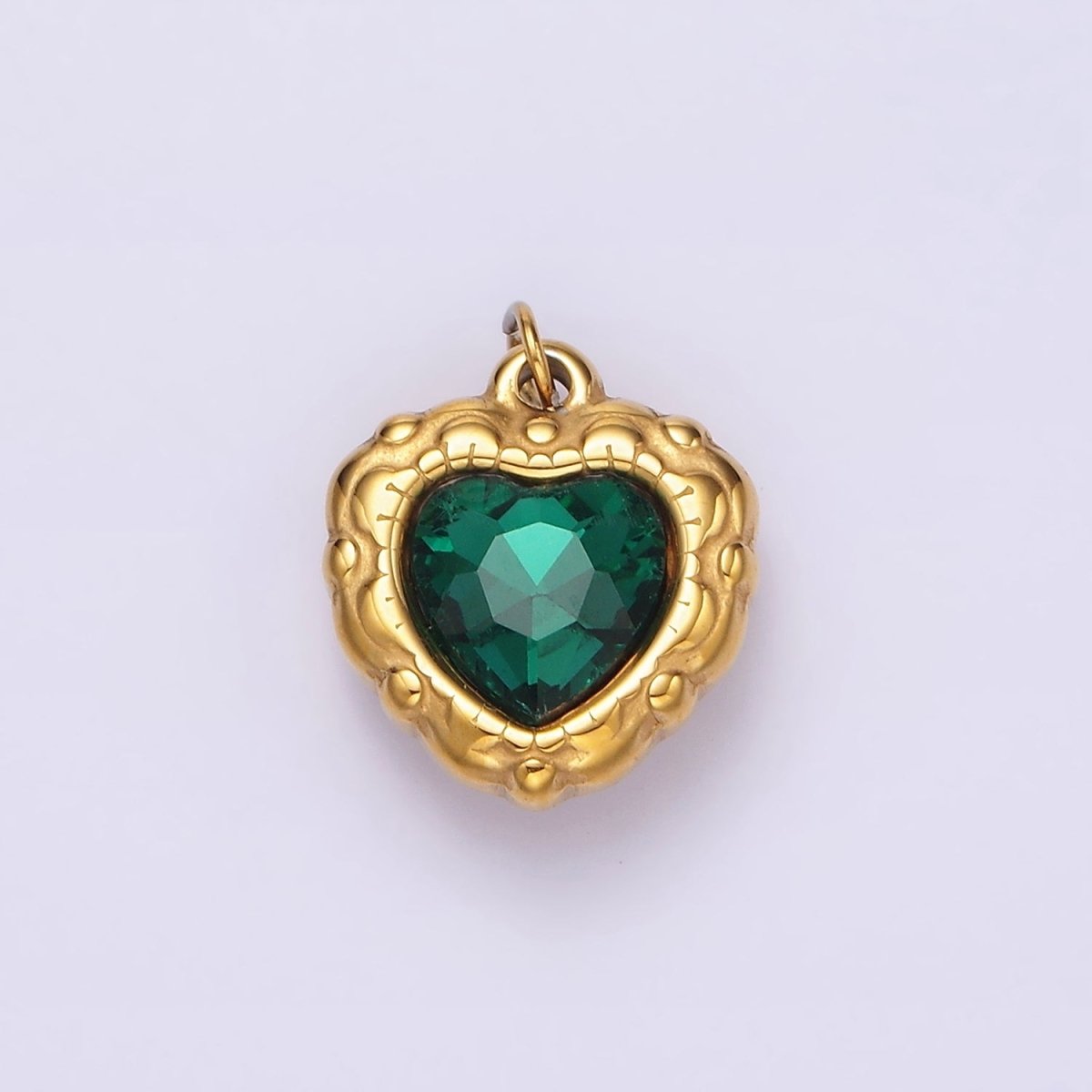 Stainless Steel Green CZ Heart Artisan Bezel Charm | P-654