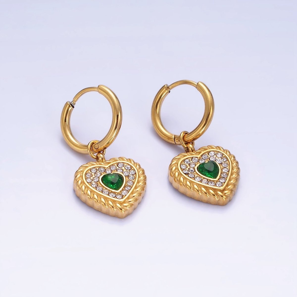 Stainless Steel Green Heart CZ Micro Paved Croissant Heart Drop Huggie Earrings | AE456