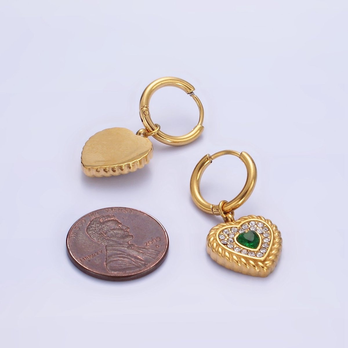 Stainless Steel Green Heart CZ Micro Paved Croissant Heart Drop Huggie Earrings | AE456