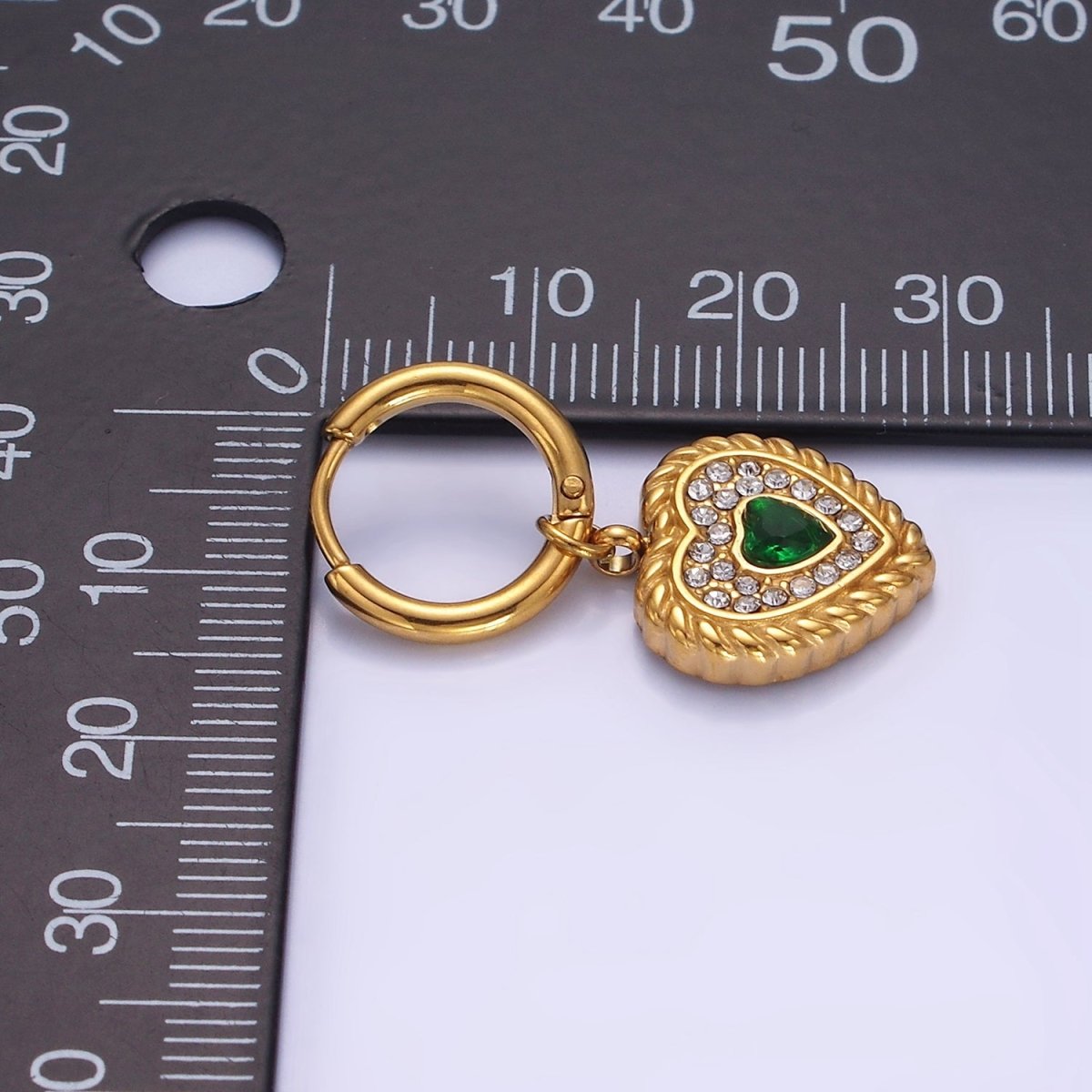 Stainless Steel Green Heart CZ Micro Paved Croissant Heart Drop Huggie Earrings | AE456