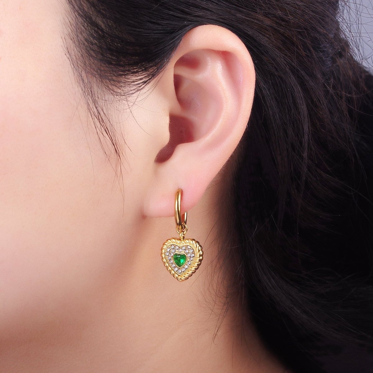 Stainless Steel Green Heart CZ Micro Paved Croissant Heart Drop Huggie Earrings | AE456