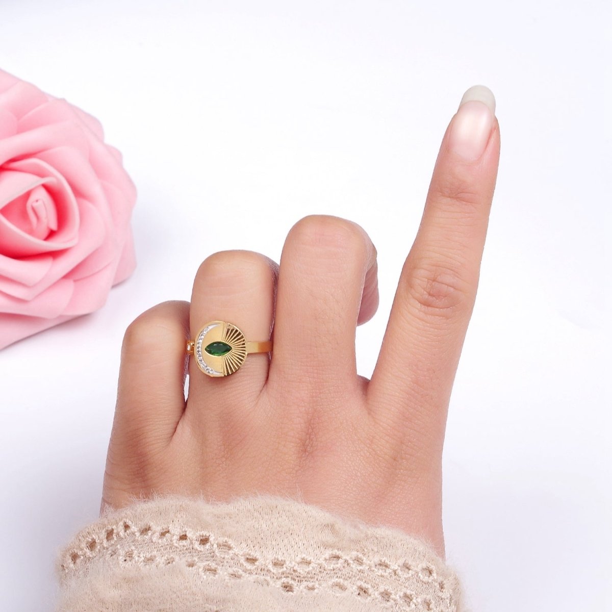 Stainless Steel Green Marquise CZ Celestial Crescent Moon Lined Sunburst Round Wrap Ring | O1296