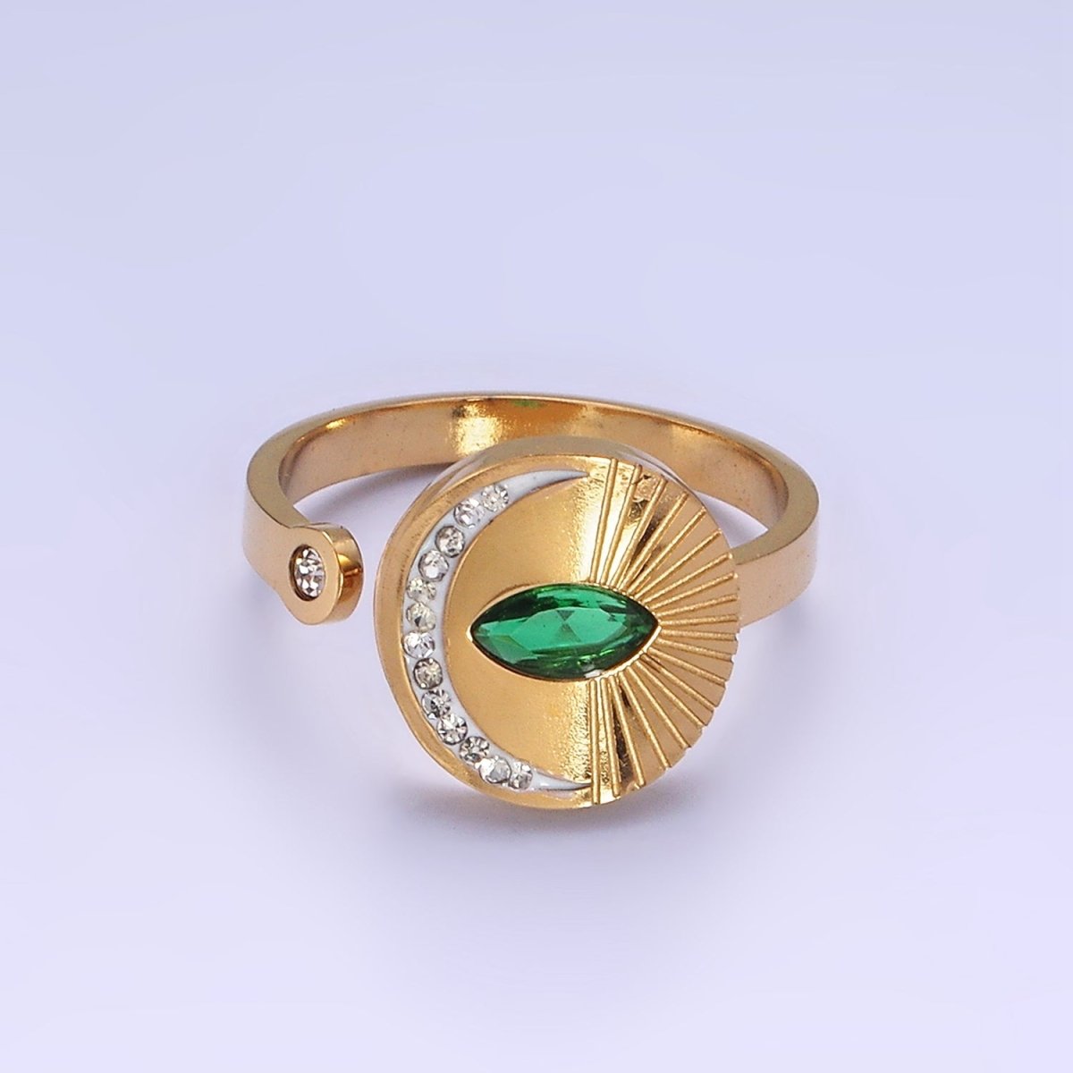 Stainless Steel Green Marquise CZ Celestial Crescent Moon Lined Sunburst Round Wrap Ring | O1296