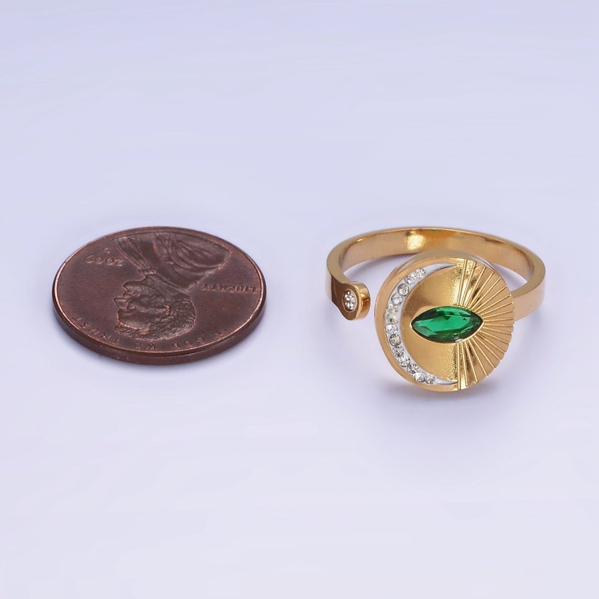 Stainless Steel Green Marquise CZ Celestial Crescent Moon Lined Sunburst Round Wrap Ring | O1296