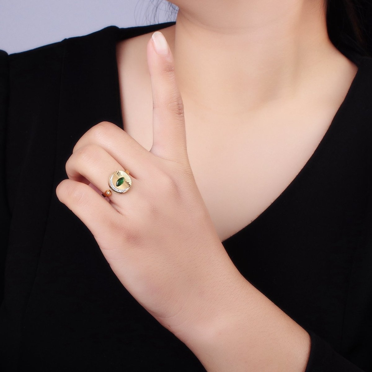 Stainless Steel Green Marquise CZ Celestial Crescent Moon Lined Sunburst Round Wrap Ring | O1296