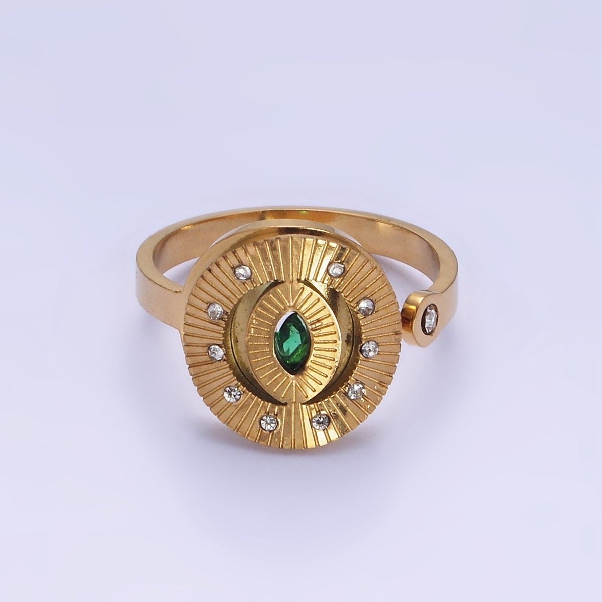 Stainless Steel Green Marquise CZ Dotted Sunburst Lined Oval Wrap Ring | O1288