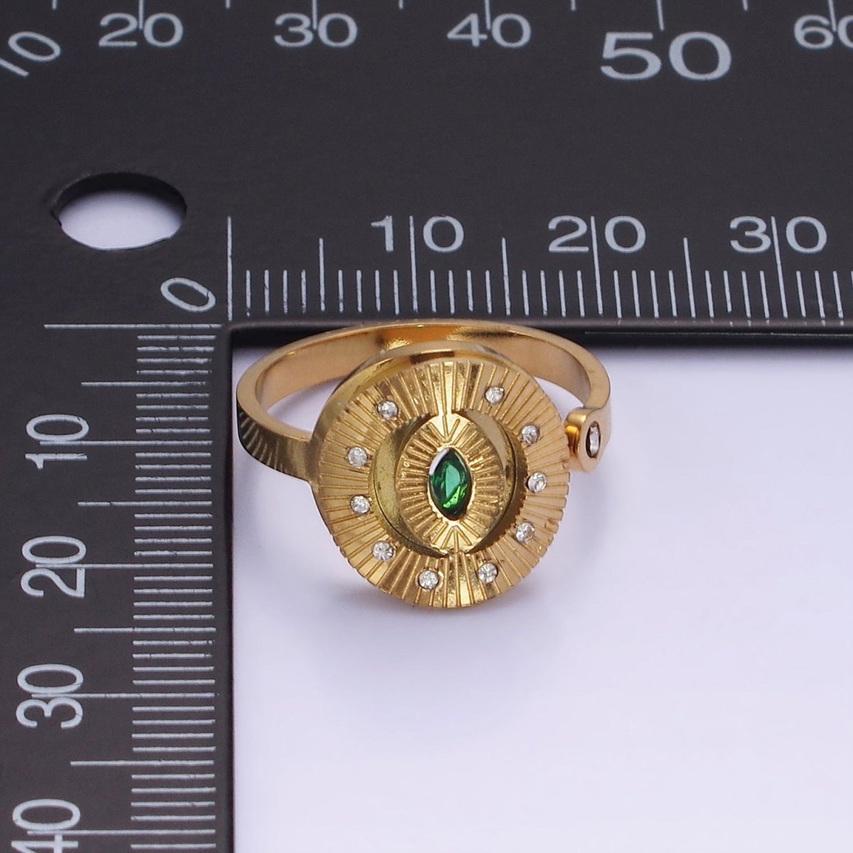 Stainless Steel Green Marquise CZ Dotted Sunburst Lined Oval Wrap Ring | O1288