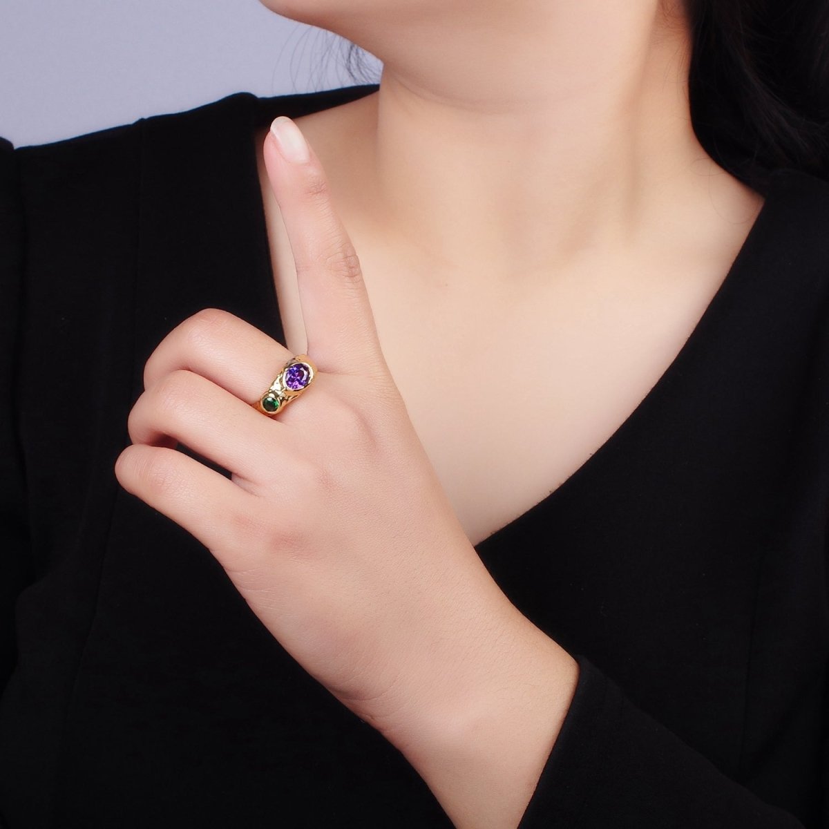 Stainless Steel Green Purple CZ Molten Ring | O1306