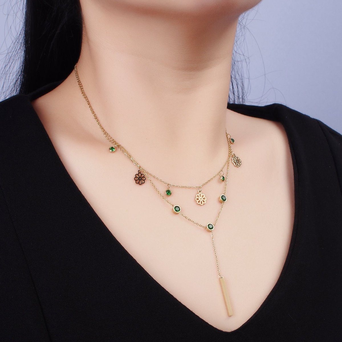 Stainless Steel Green Round CZ Disc Open Flower Bar Lariat Double Layer Stack Necklace | WA-2057 Clearance Pricing