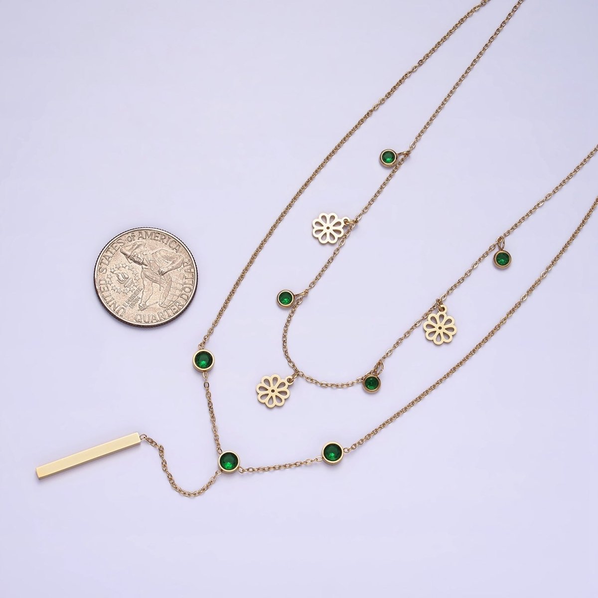 Stainless Steel Green Round CZ Disc Open Flower Bar Lariat Double Layer Stack Necklace | WA-2057 Clearance Pricing
