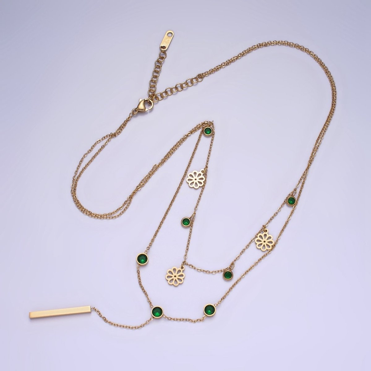 Stainless Steel Green Round CZ Disc Open Flower Bar Lariat Double Layer Stack Necklace | WA-2057 Clearance Pricing