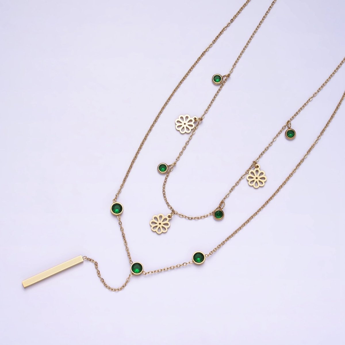 Stainless Steel Green Round CZ Disc Open Flower Bar Lariat Double Layer Stack Necklace | WA-2057 Clearance Pricing