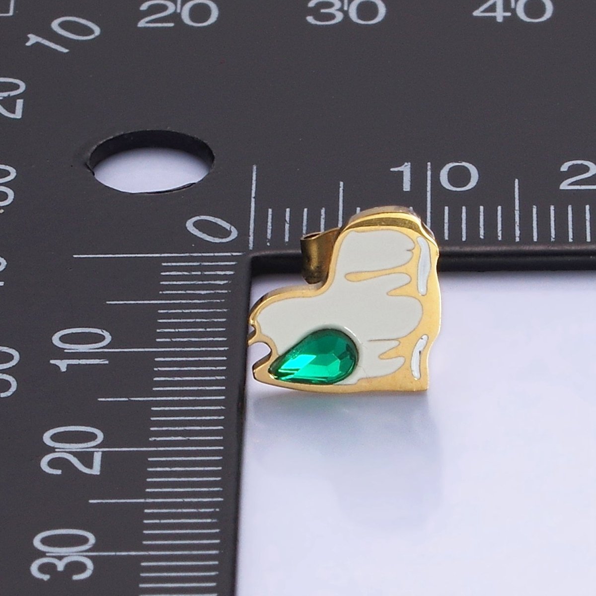 Stainless Steel Green Teardrop CZ White Molten Enamel Heart Stud Earrings | V511