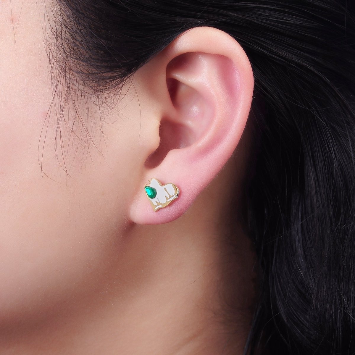 Stainless Steel Green Teardrop CZ White Molten Enamel Heart Stud Earrings | V511