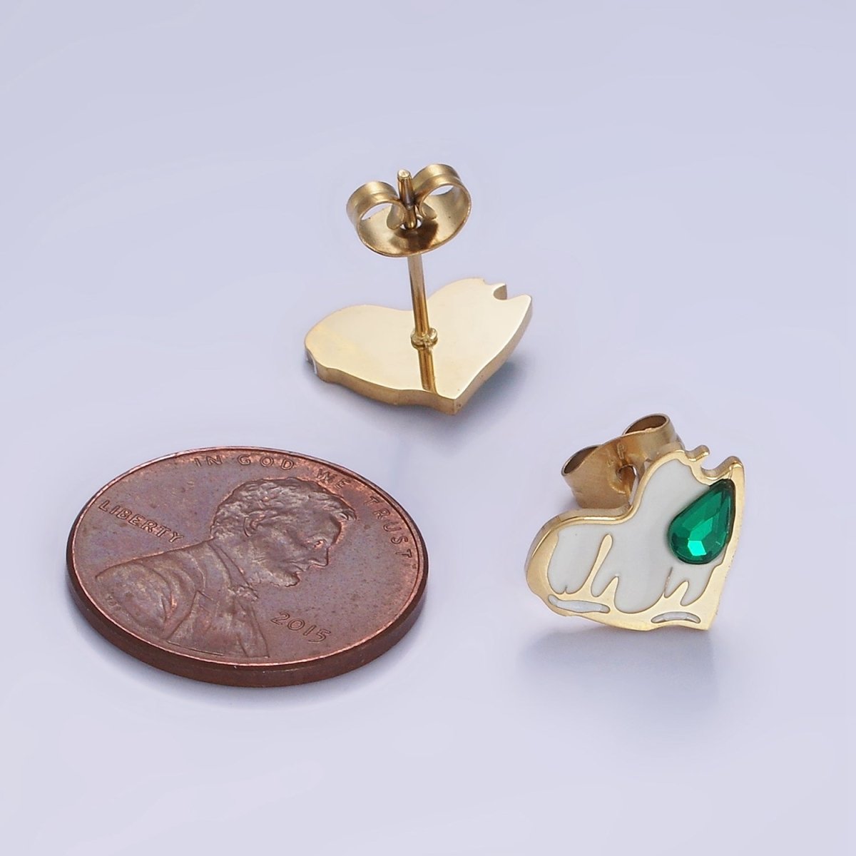 Stainless Steel Green Teardrop CZ White Molten Enamel Heart Stud Earrings | V511
