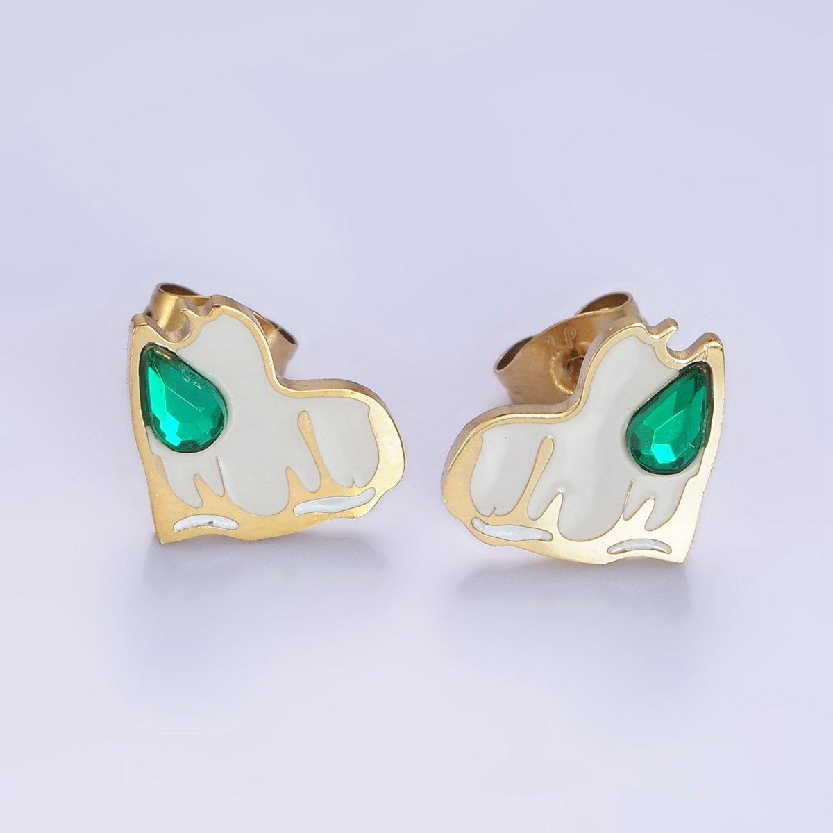 Stainless Steel Green Teardrop CZ White Molten Enamel Heart Stud Earrings | V511