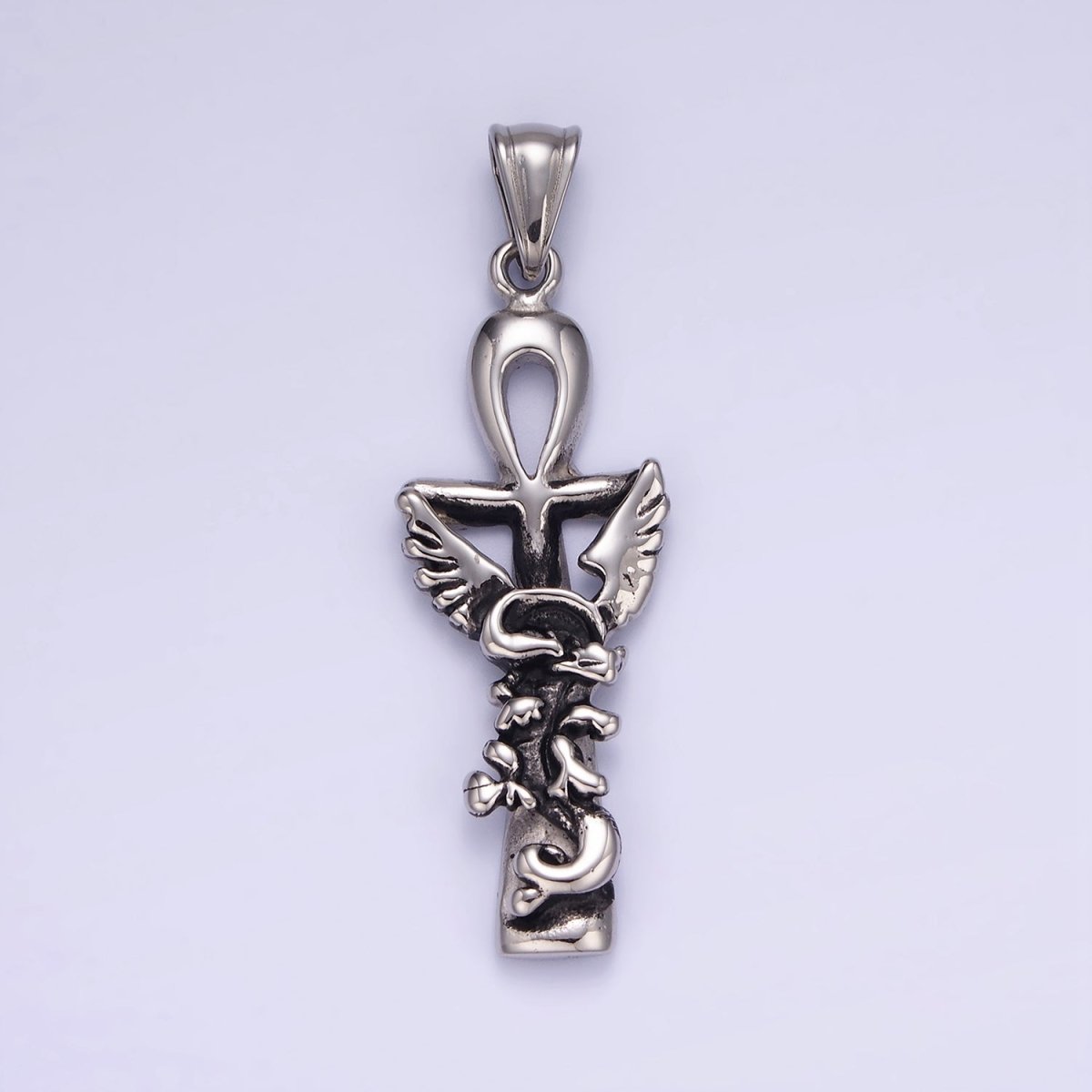 Stainless Steel Griffin Animal Ankh Cross Egyptian Oxidized Silver Pendant | P1410