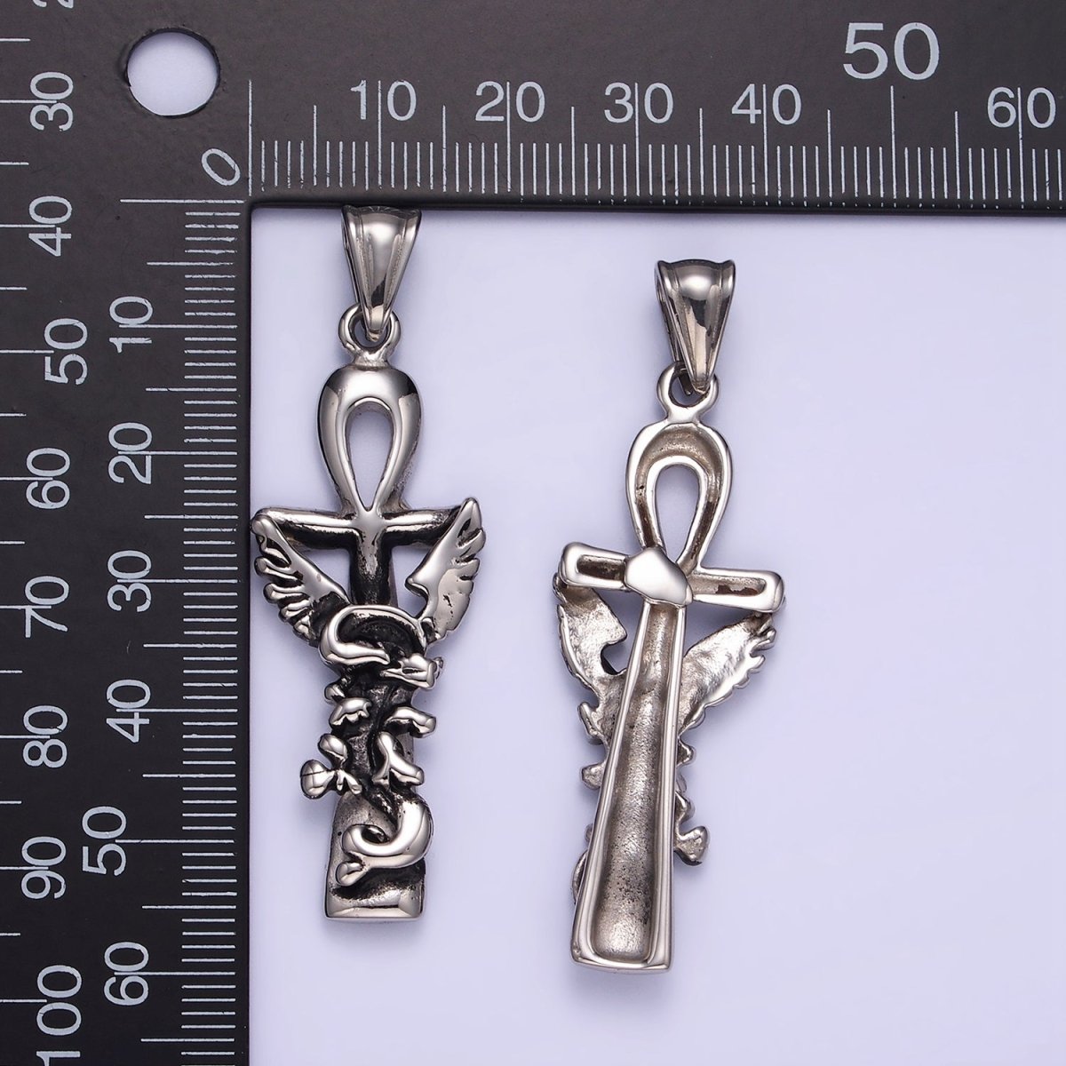 Stainless Steel Griffin Animal Ankh Cross Egyptian Oxidized Silver Pendant | P1410
