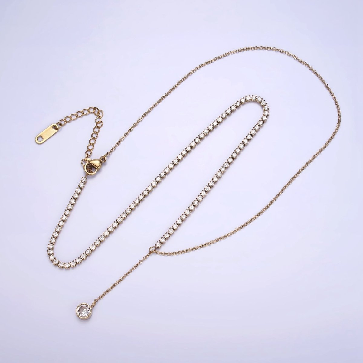 Stainless Steel Half Cable Tennis Chain Clear CZ Round Lariat 18.5 Inch Necklace | WA-2030 Clearance Pricing