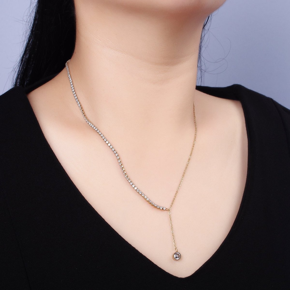 Stainless Steel Half Cable Tennis Chain Clear CZ Round Lariat 18.5 Inch Necklace | WA-2030 Clearance Pricing