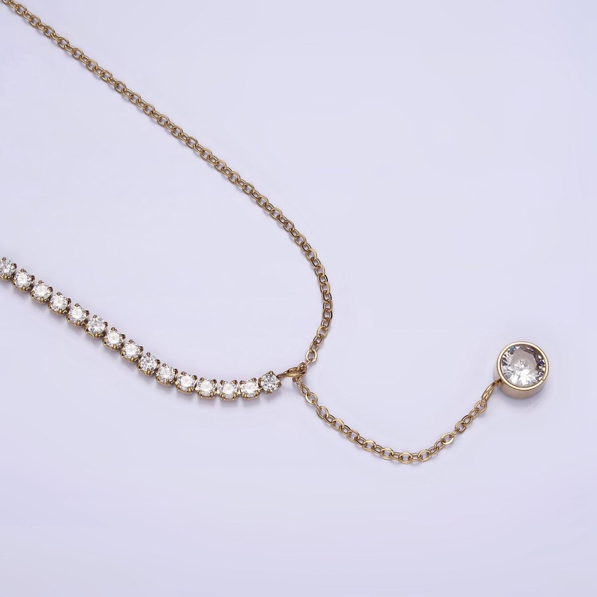 Stainless Steel Half Cable Tennis Chain Clear CZ Round Lariat 18.5 Inch Necklace | WA-2030 Clearance Pricing