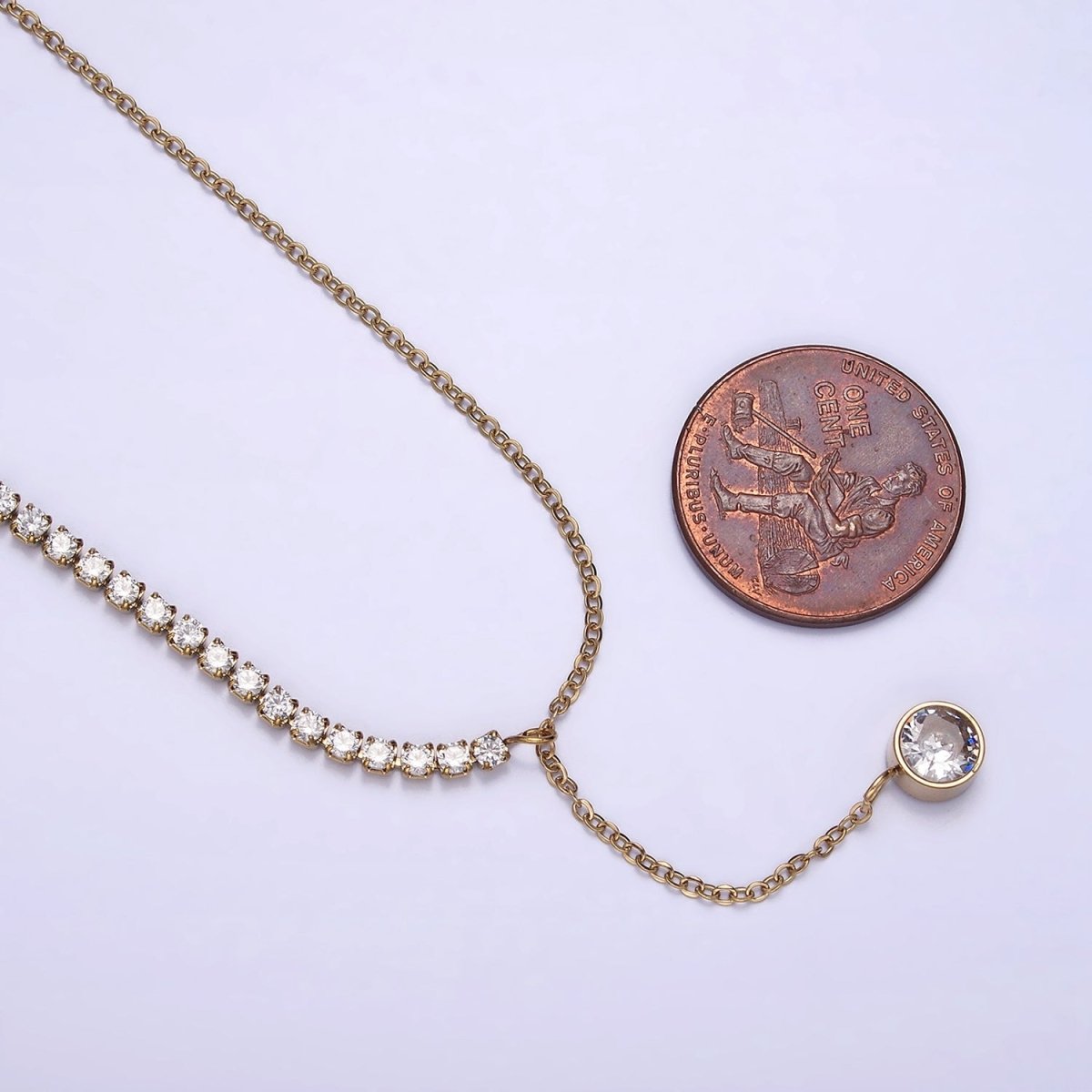 Stainless Steel Half Cable Tennis Chain Clear CZ Round Lariat 18.5 Inch Necklace | WA-2030 Clearance Pricing