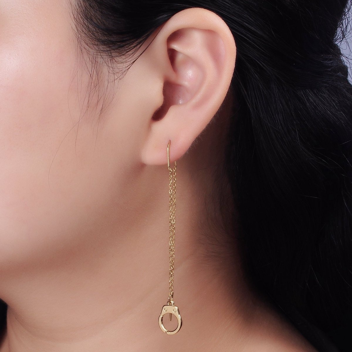 Stainless Steel Hand Cuff Cable Link Chain Threader Earrings | AE745